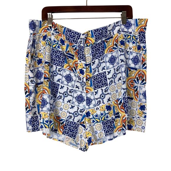 Never Fully Dressed Amalfi Tile Print High Rise Shorts Blue Yellow Boho Size 18 - Picture 3 of 10